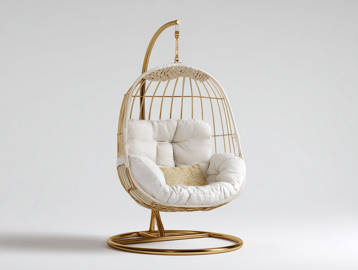 Sillones colgantes de metal y ratán sintético 105x95x195 cm - dorado-blanco crema - base independiente - diseño moderno para interior y exterior cubierto-Veramiloft