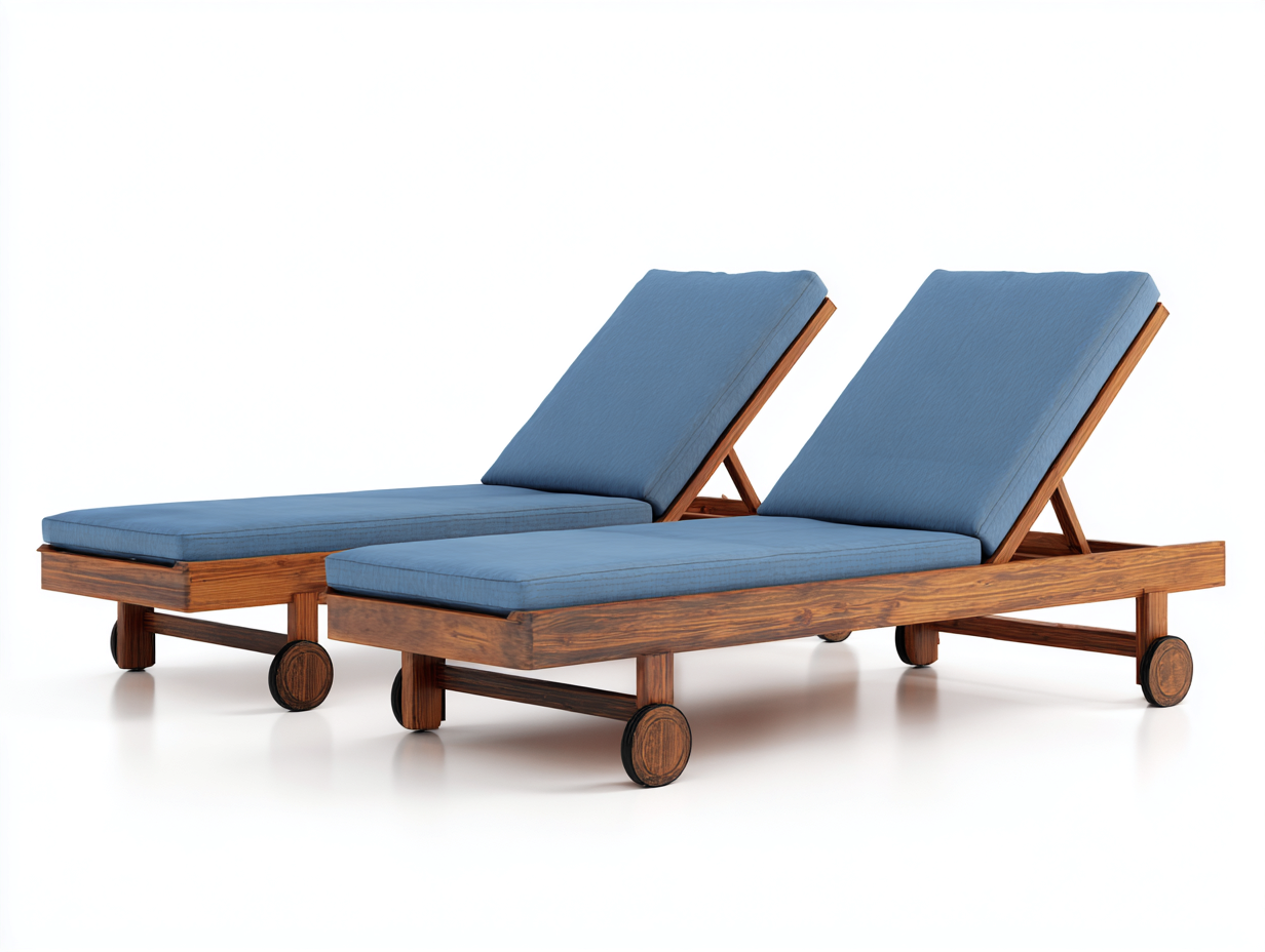 Tumbonas de madera maciza marrón con cojines azules para exterior - 200x70x88 cm - respaldo ajustable con ruedas-Veramiloft