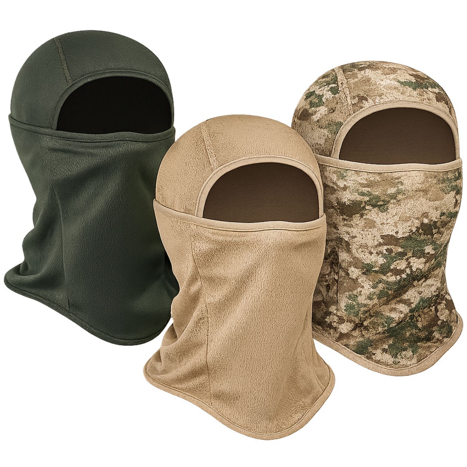 Balaclava in Pile Verde, Beige e Mimetico