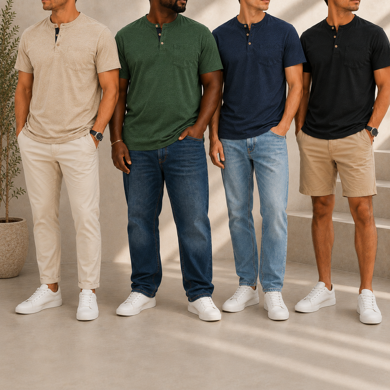 Four men wearing heathered Henley T-shirts in mixed colors