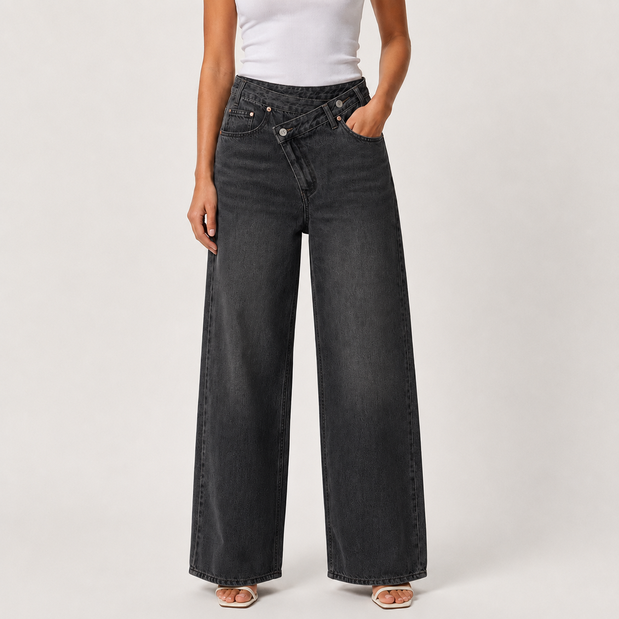 Vintage black asymmetric wide leg denim jeans