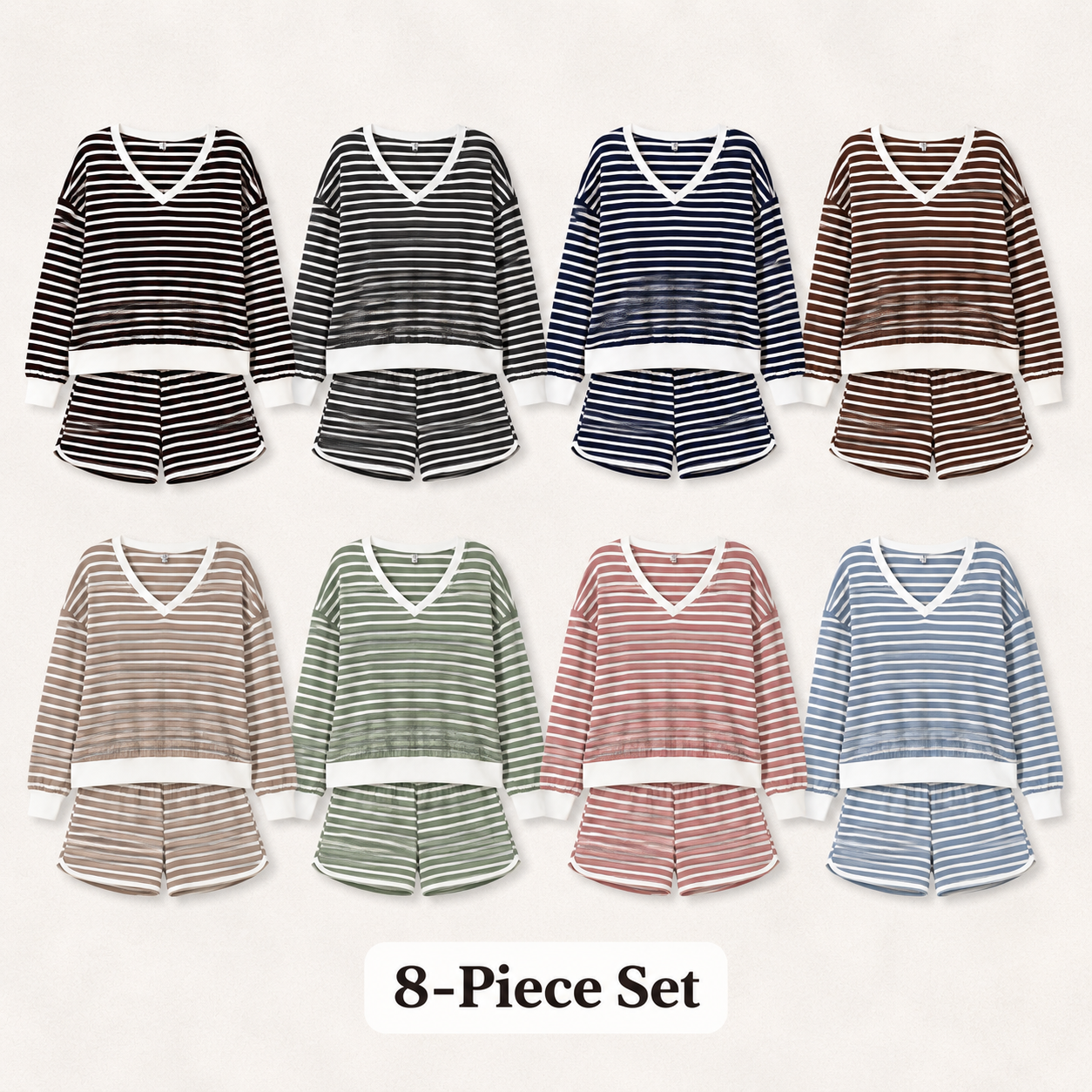 Mixed 8-Pack striped V-neck lounge set with matching shorts