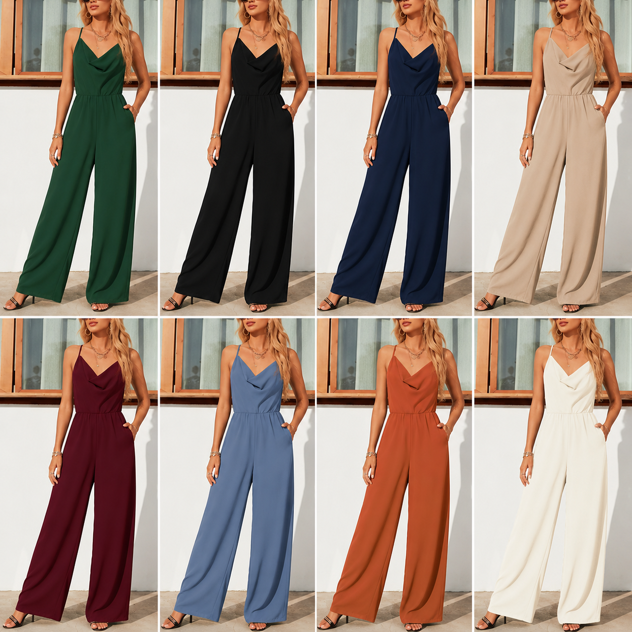 Mixed 8-Pack cowl neck wide leg jumpsuit colors