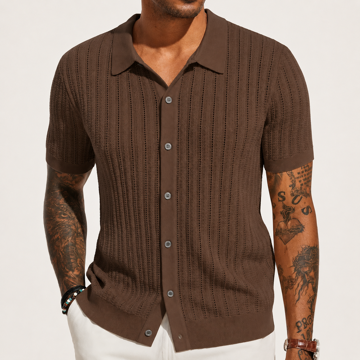 Cocoa Brown openwork knit button-up shirt