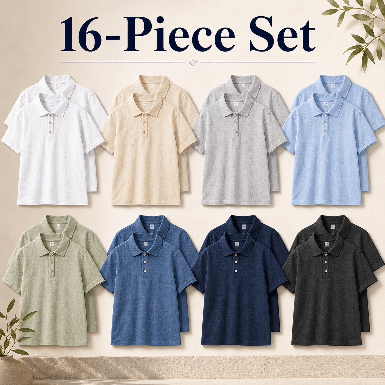 Men's textured polo shirt mixed 16-piece set