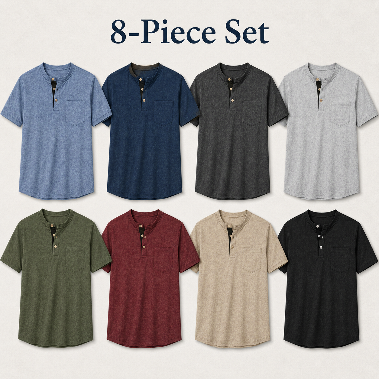 Men’s heathered Henley T-shirt 8-piece set in mixed colors