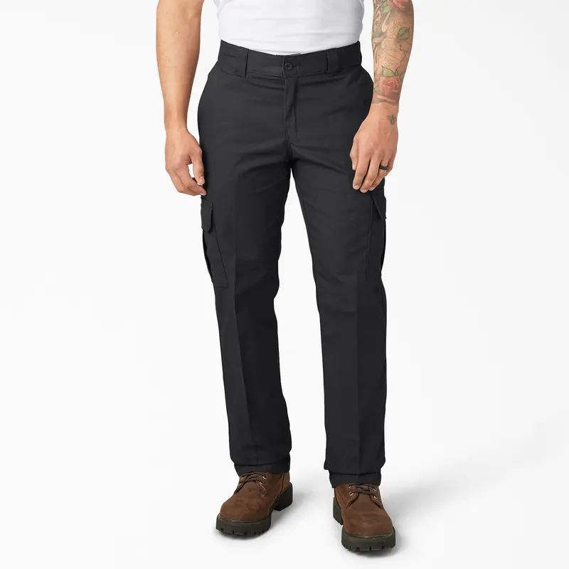 Black stretch cargo work pants on model