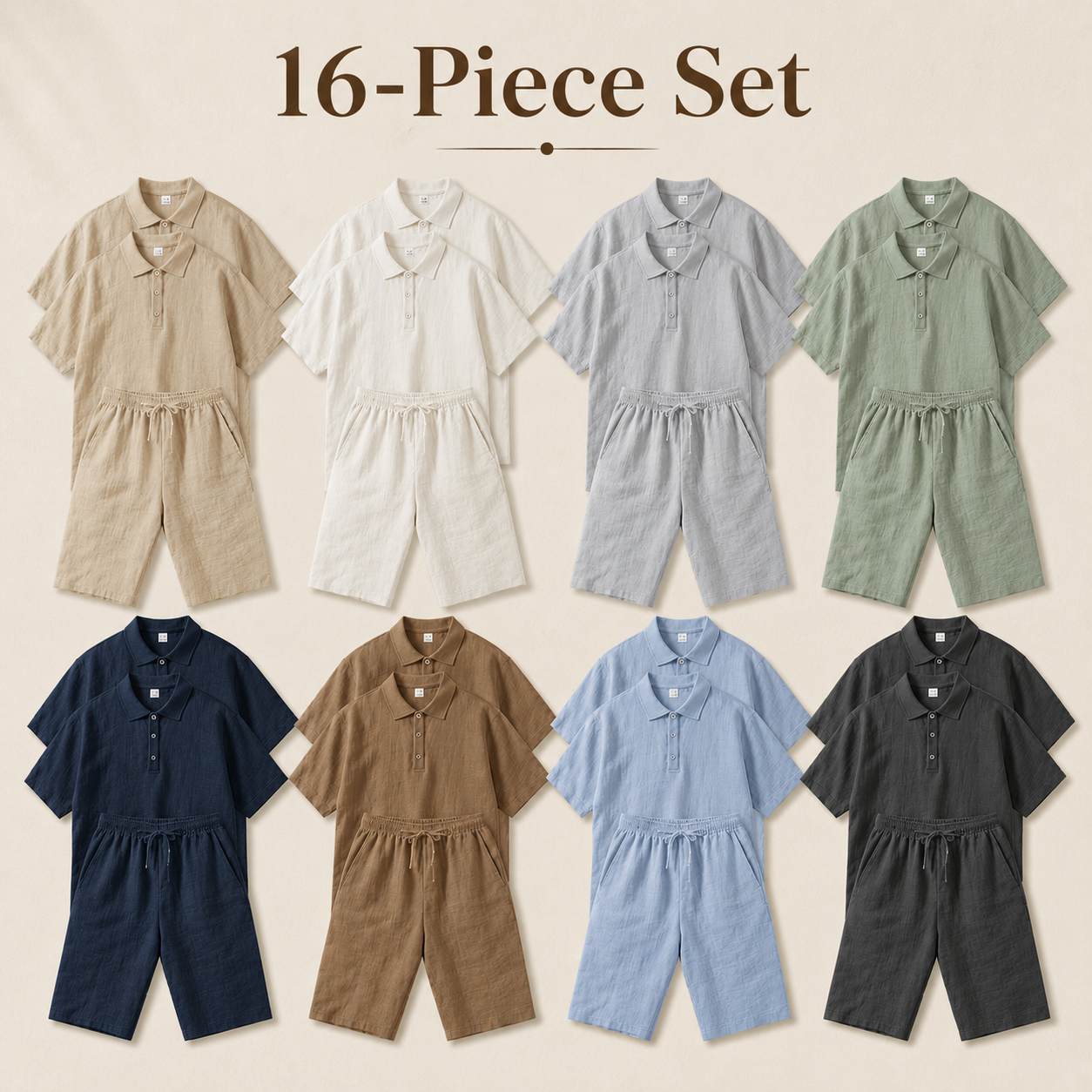 Men's textured polo and shorts mixed 16-piece layout