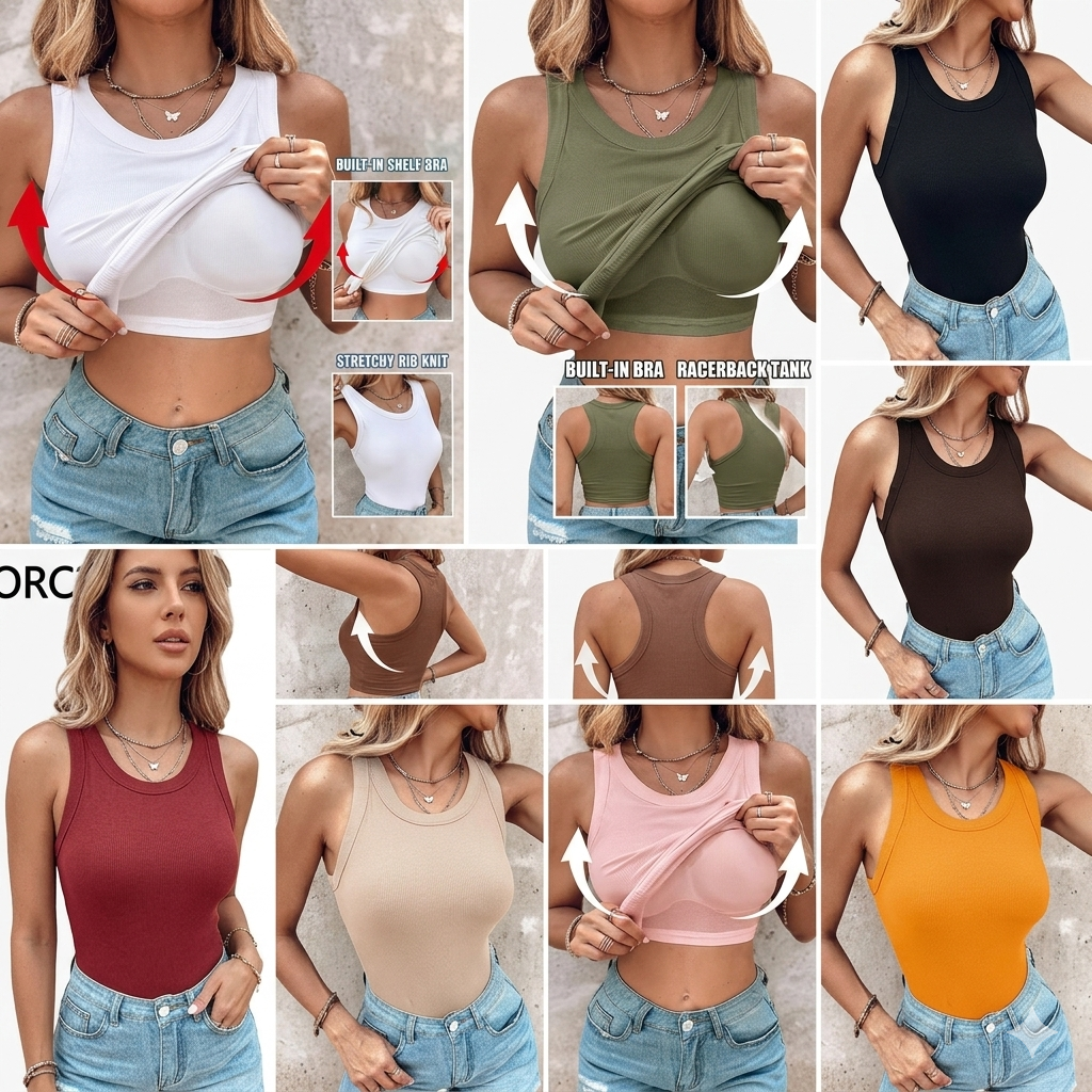 🔥This Week's Special Price🍃Round Neck Built-in Bra Ribbed Tank Top Fit Casual Comfortable💥