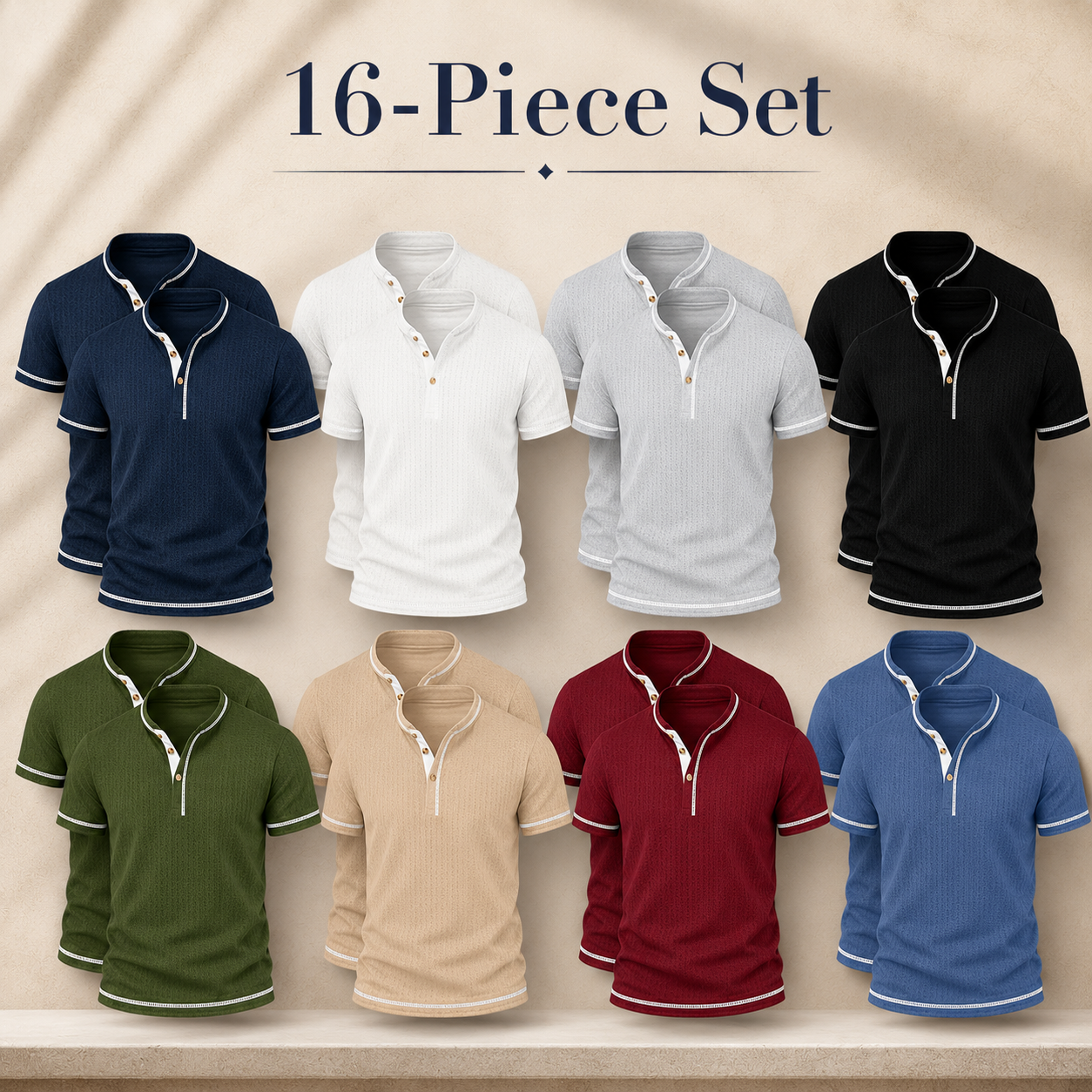Men's textured Henley polo Mixed 16-Pack