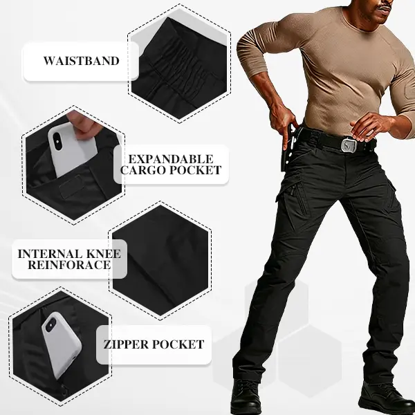 Waistband cargo pocket knee reinforcement and zipper pocket details