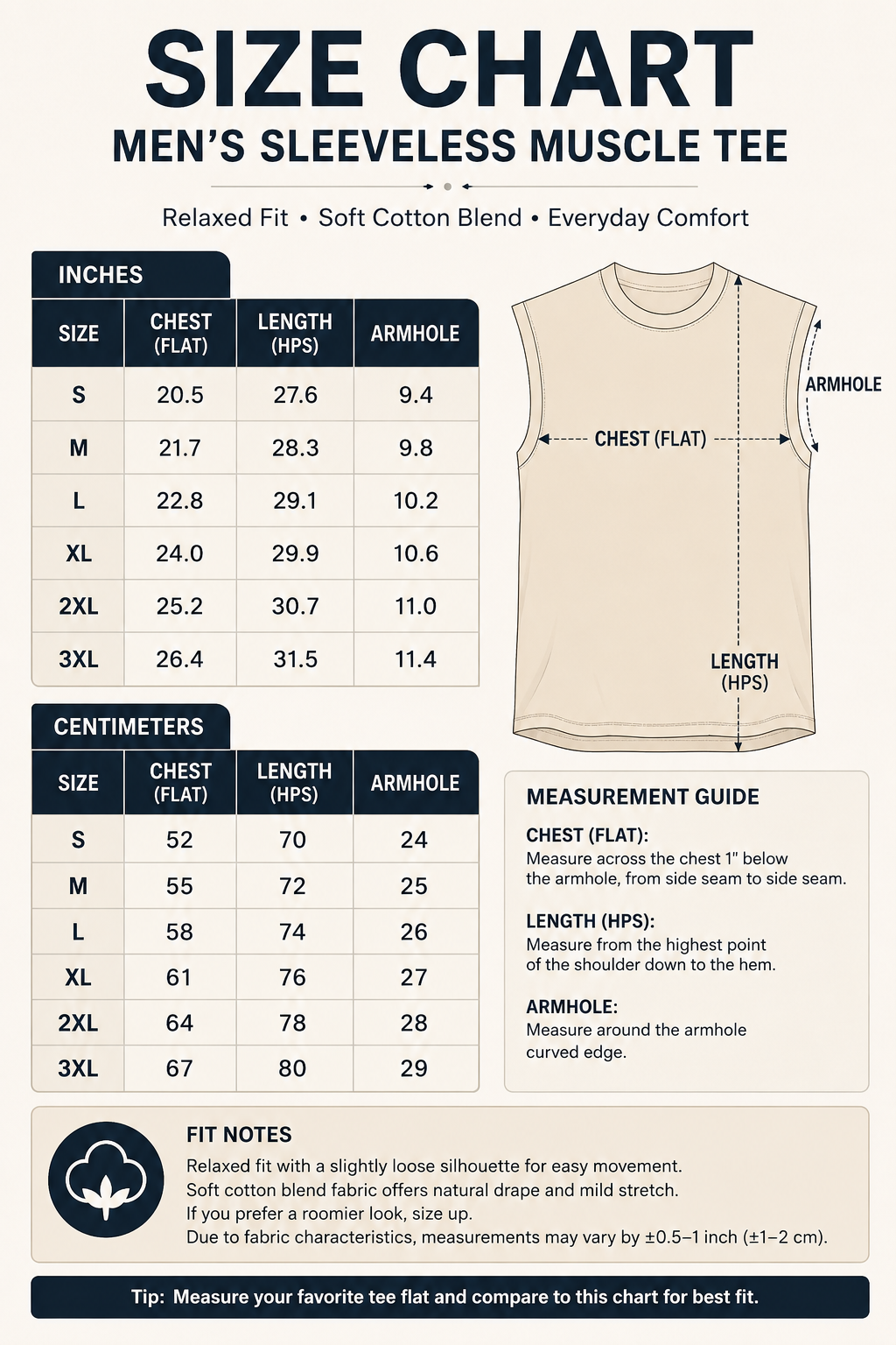Men's sleeveless muscle tee size chart