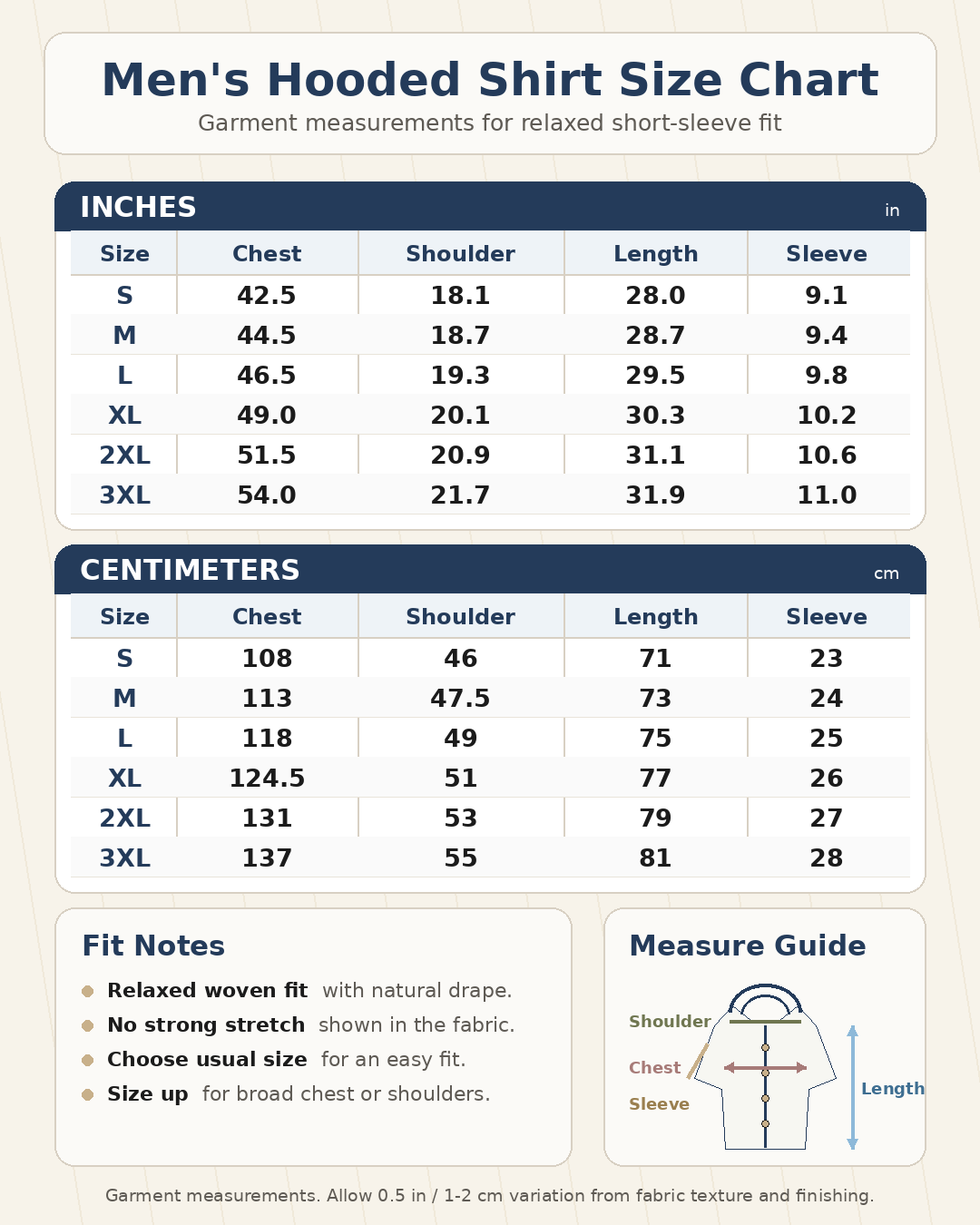 Size chart for men's textured hooded shirt