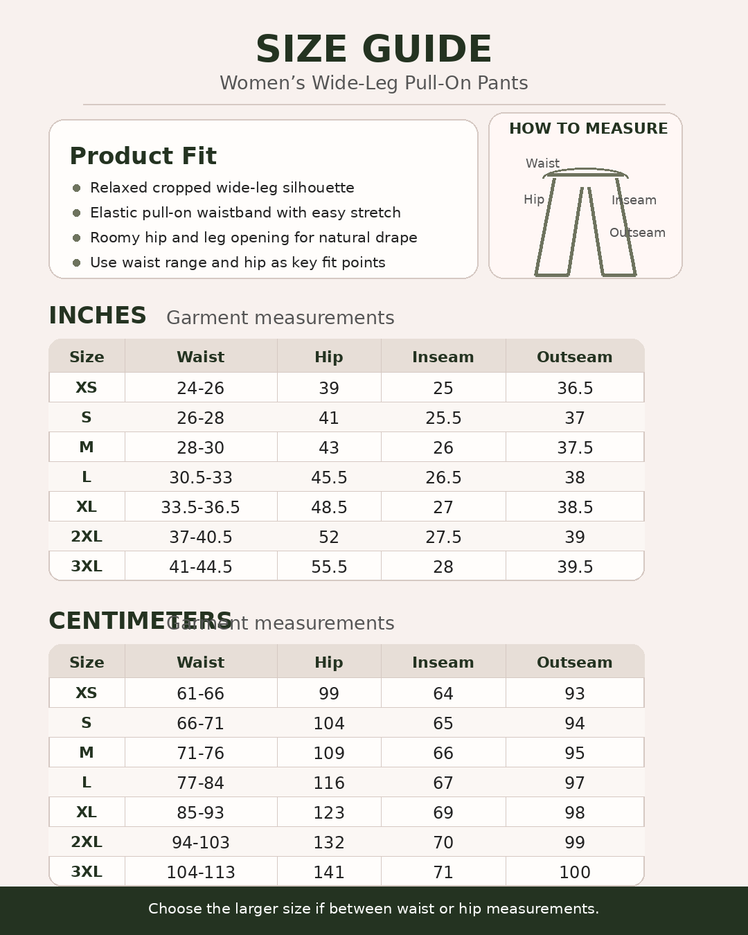 Size guide for women's wide-leg pull-on pants