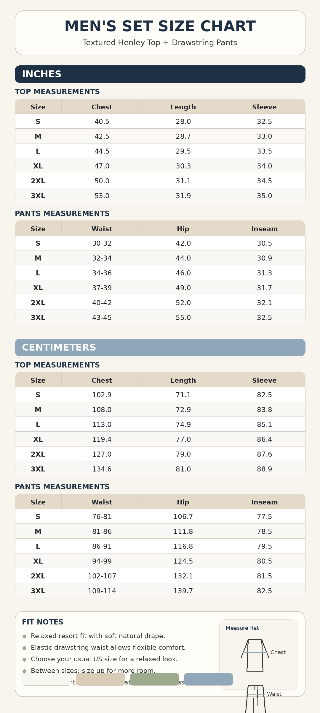 Mens textured henley set size guide