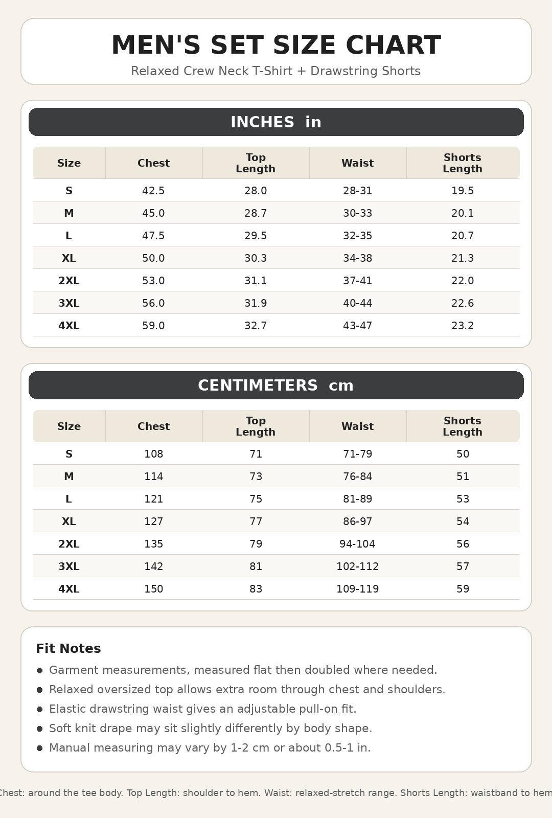 Men's relaxed crew neck T-shirt and drawstring shorts set size chart