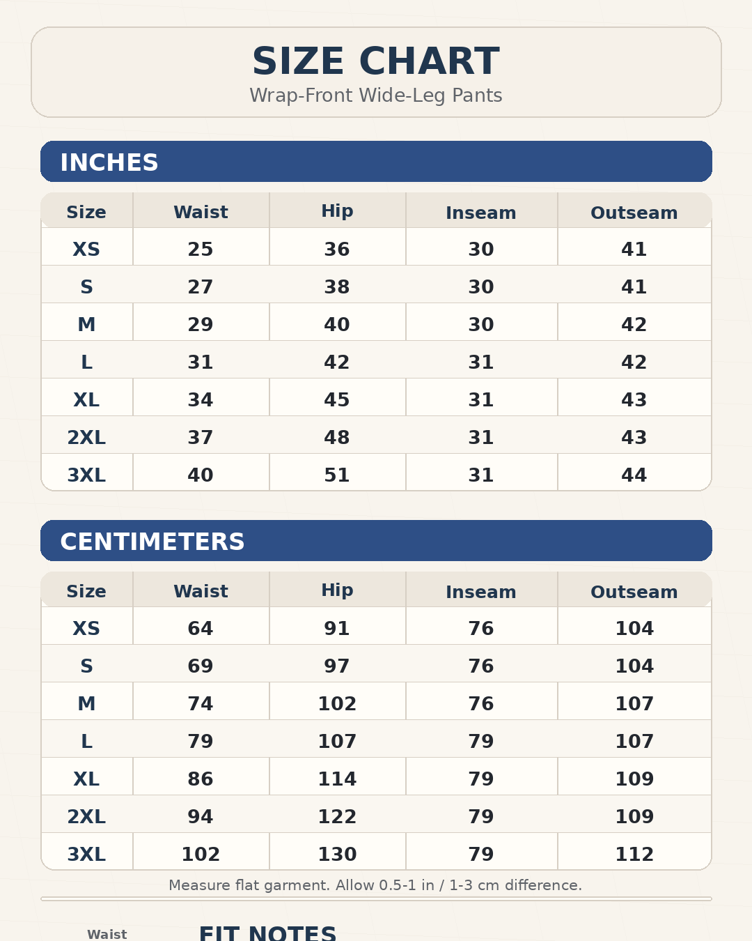 Size chart for wrap-front wide-leg pants