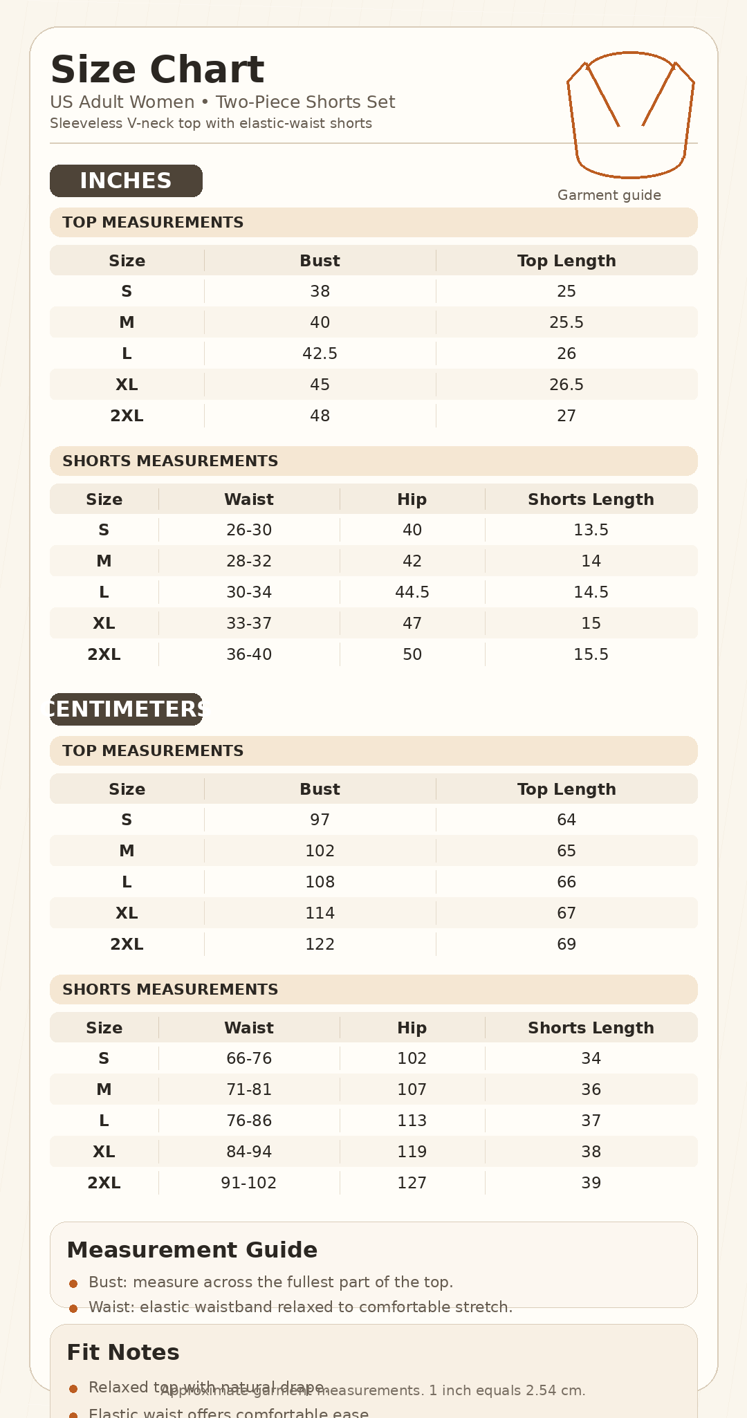 Size chart for textured V-neck lounge shorts set