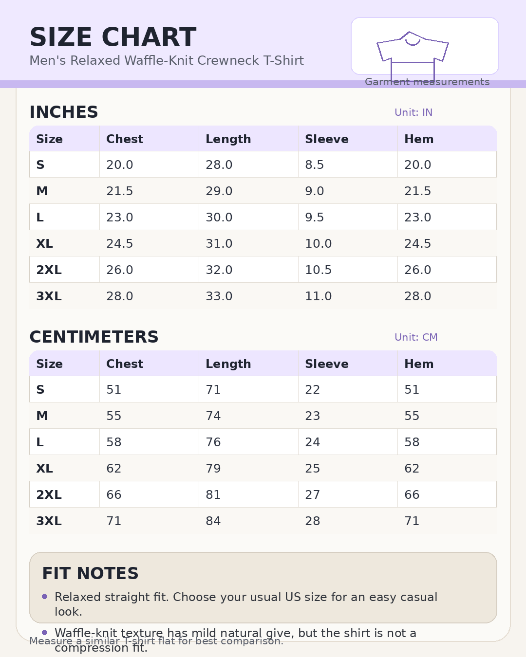 Size chart for men's relaxed waffle-knit crewneck short sleeve T-shirt