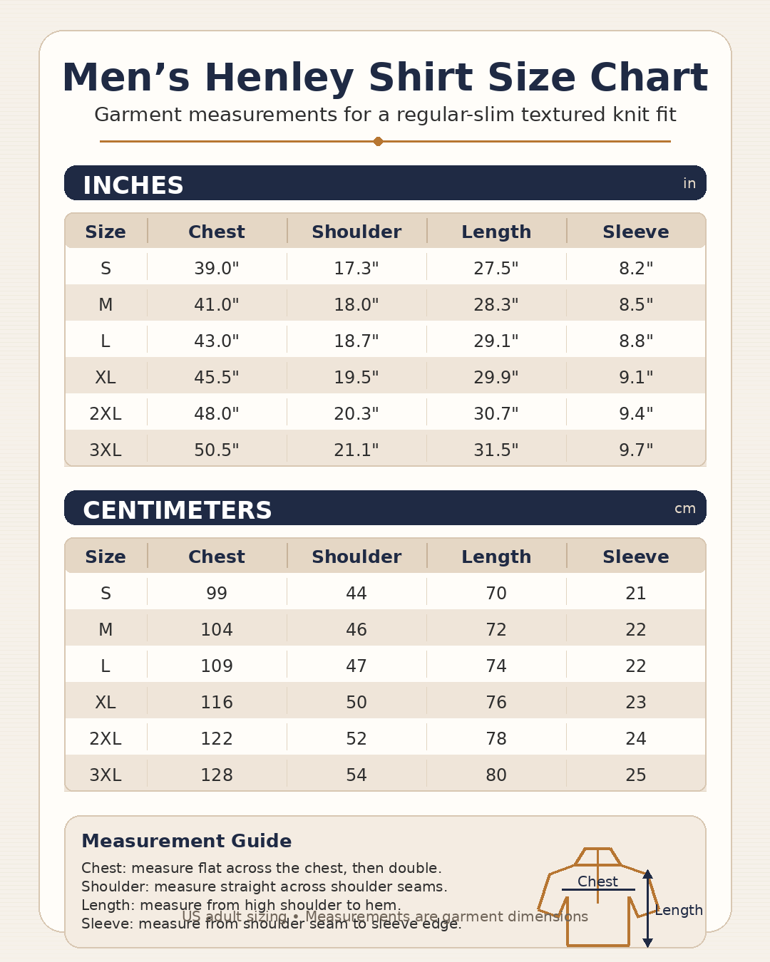 Men's Henley shirt size guide