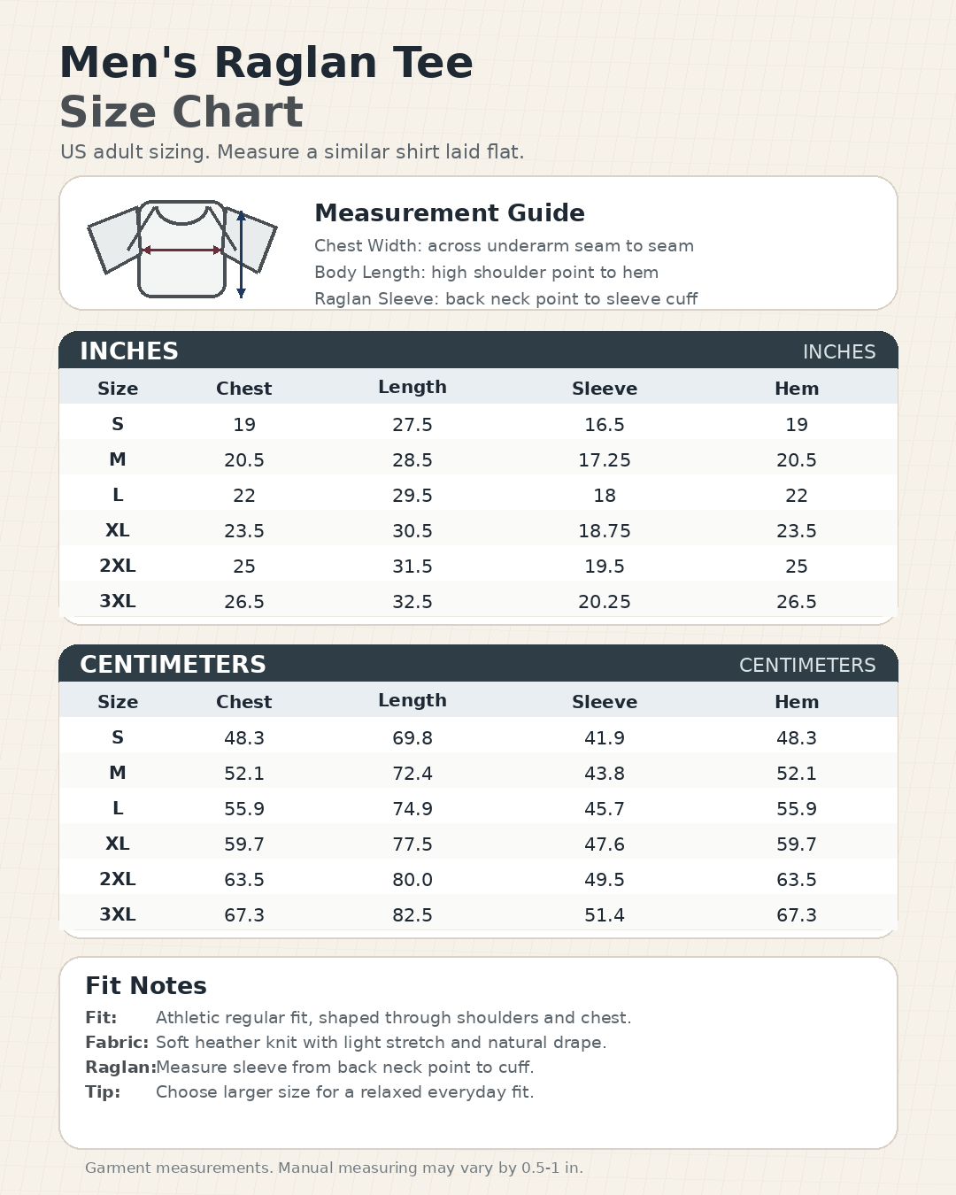 Men's raglan tee size guide image