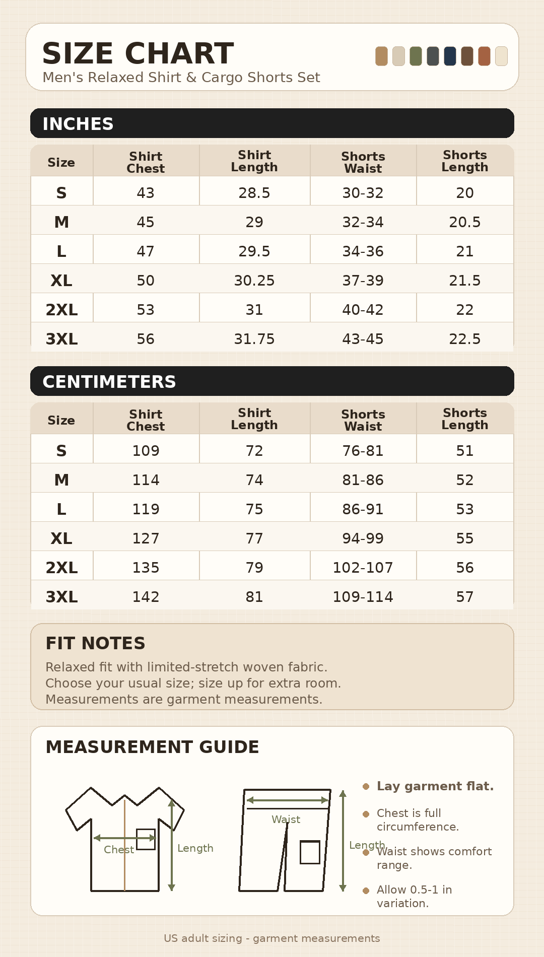 Size chart for men's relaxed shirt and cargo shorts set