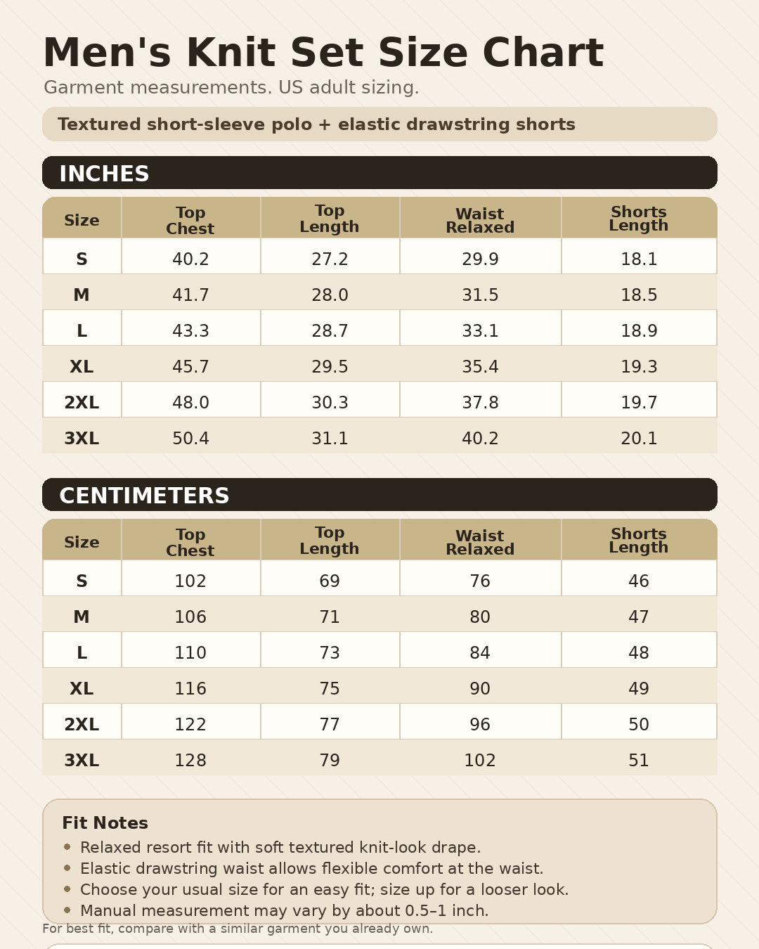 Men's textured knit polo and shorts set size chart