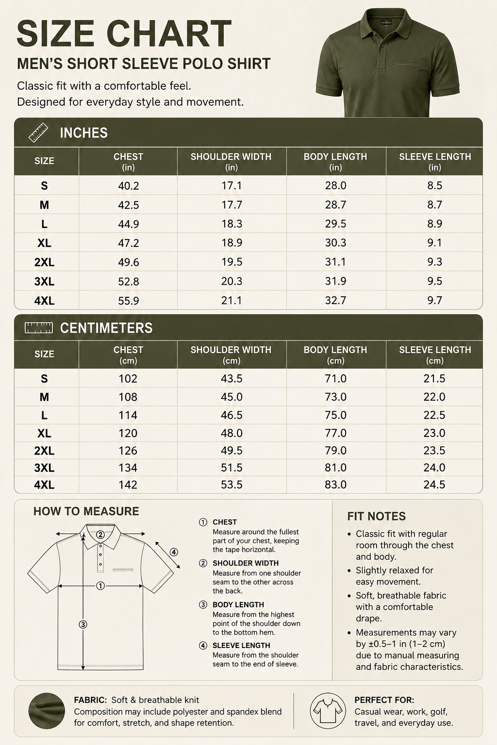 Men's polo shirt size chart
