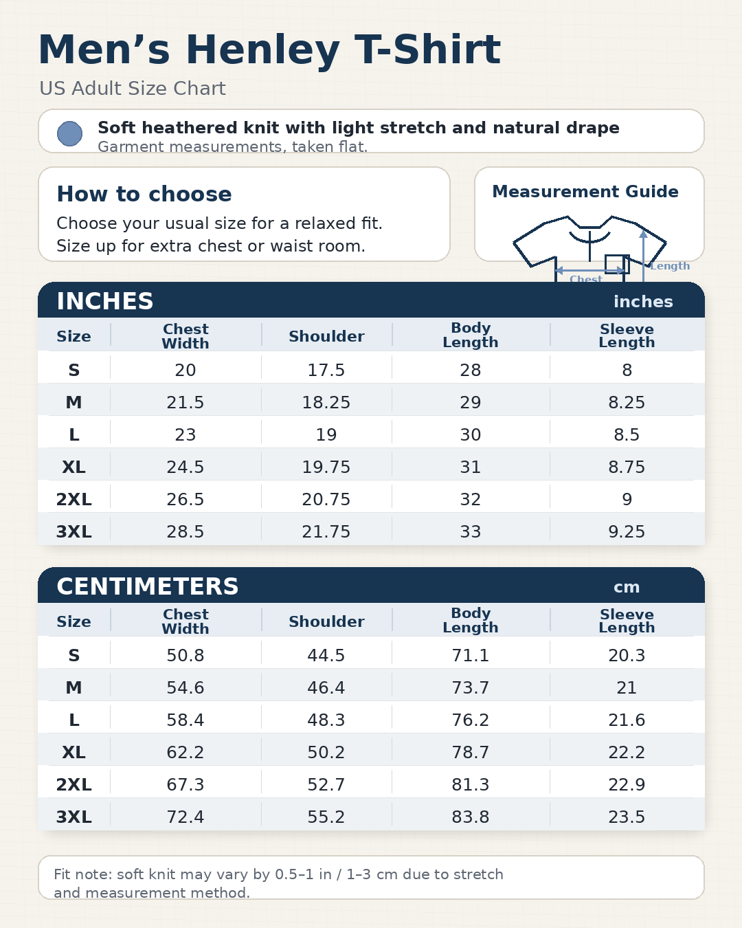 Men’s Henley T-shirt size chart