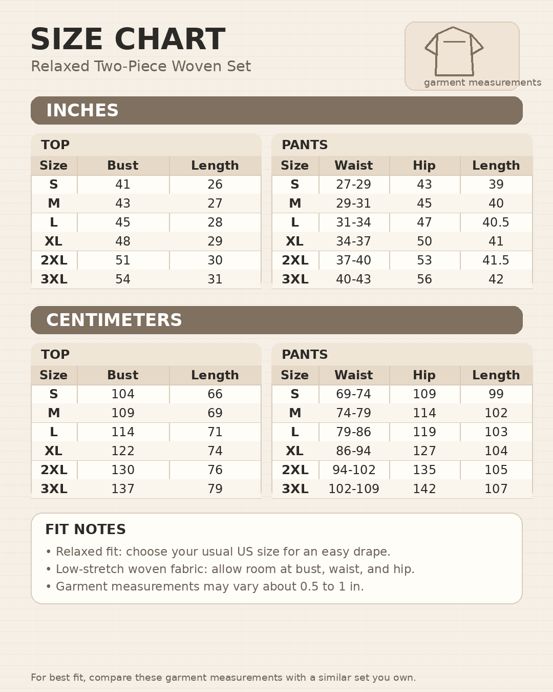 Size chart for relaxed two-piece woven set