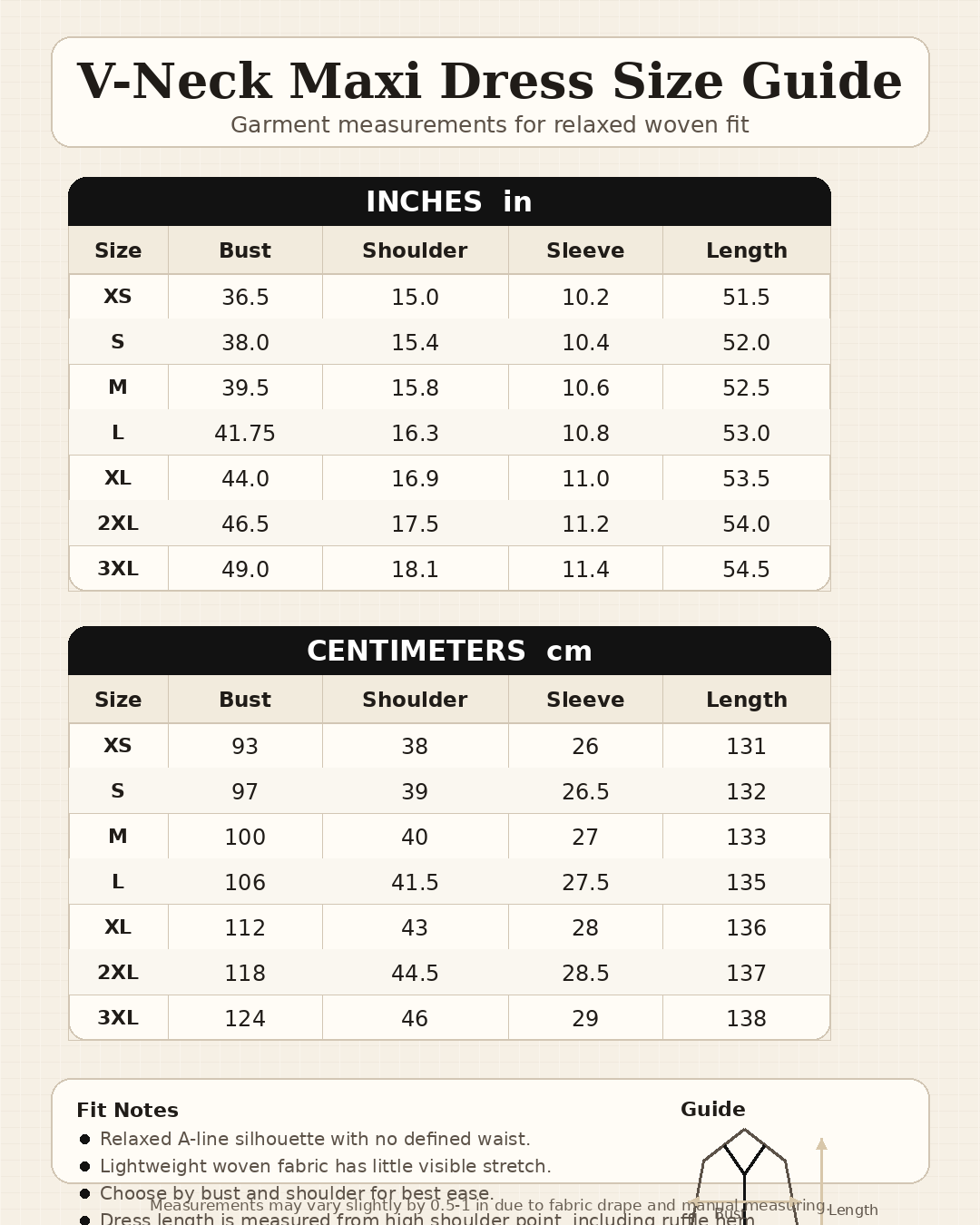 V-neck maxi dress size guide