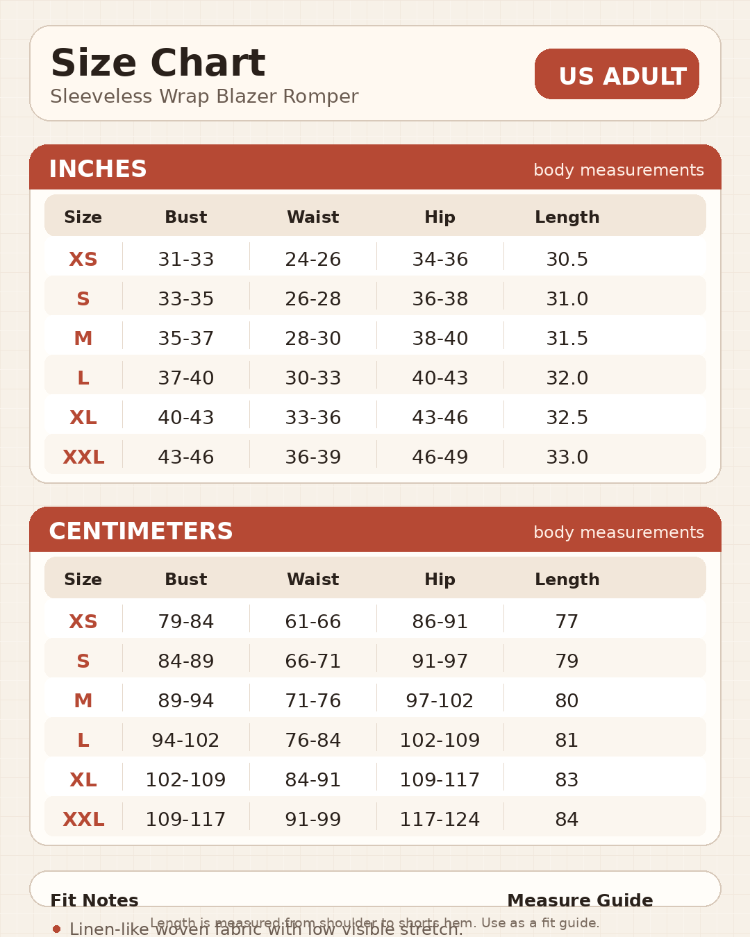 Size chart for sleeveless wrap blazer romper