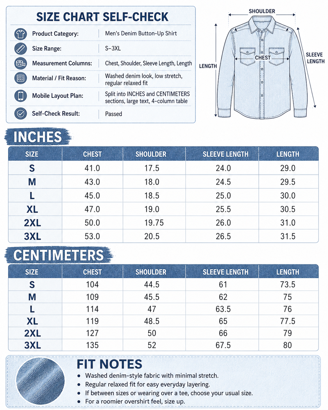 Size chart for men's washed denim button-up shirt