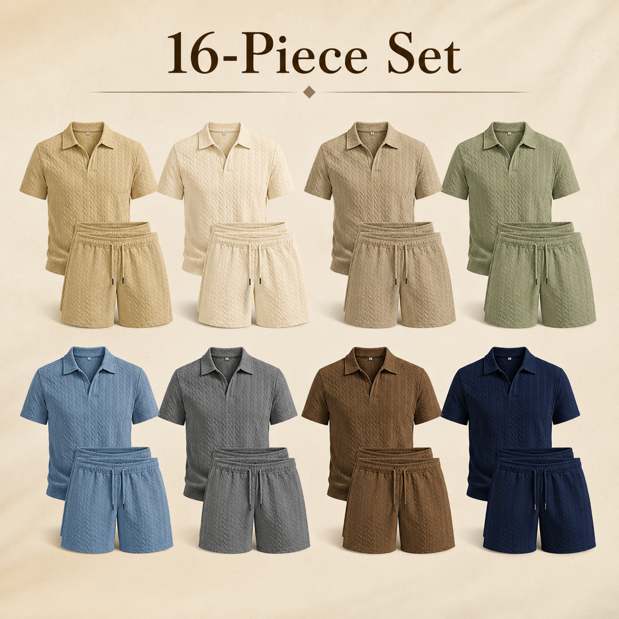 Mixed 16-Piece package image for men's textured knit polo and shorts set
