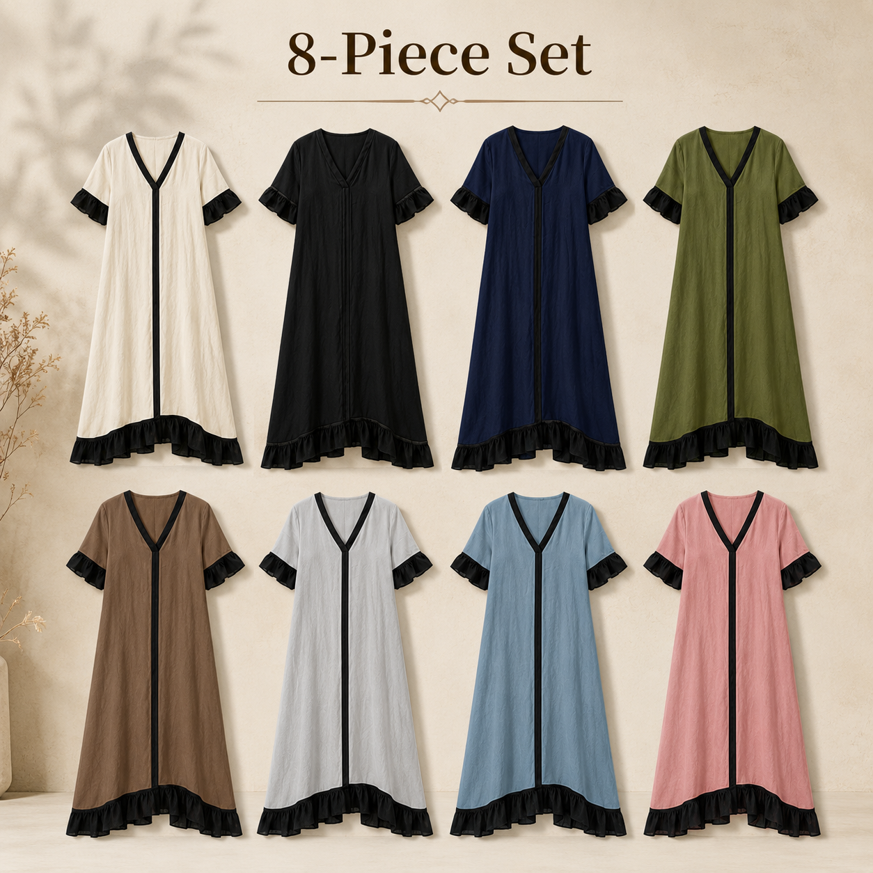 Mixed 8-Pack contrast V-neck ruffle hem maxi dress set