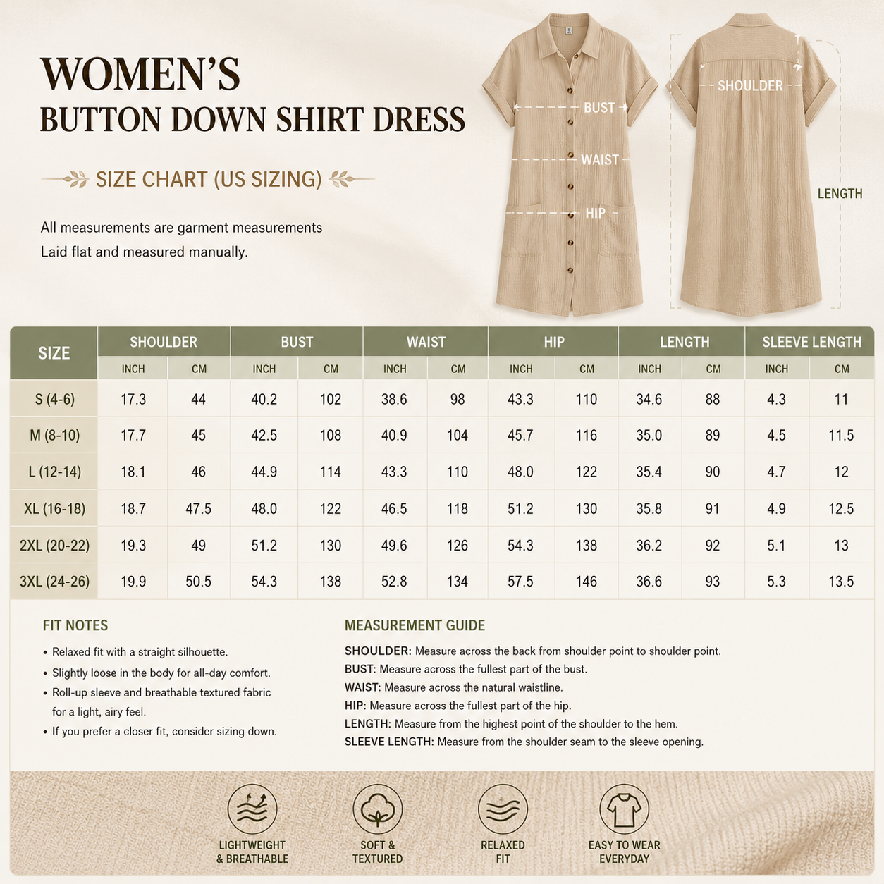 Women's button down shirt dress size chart
