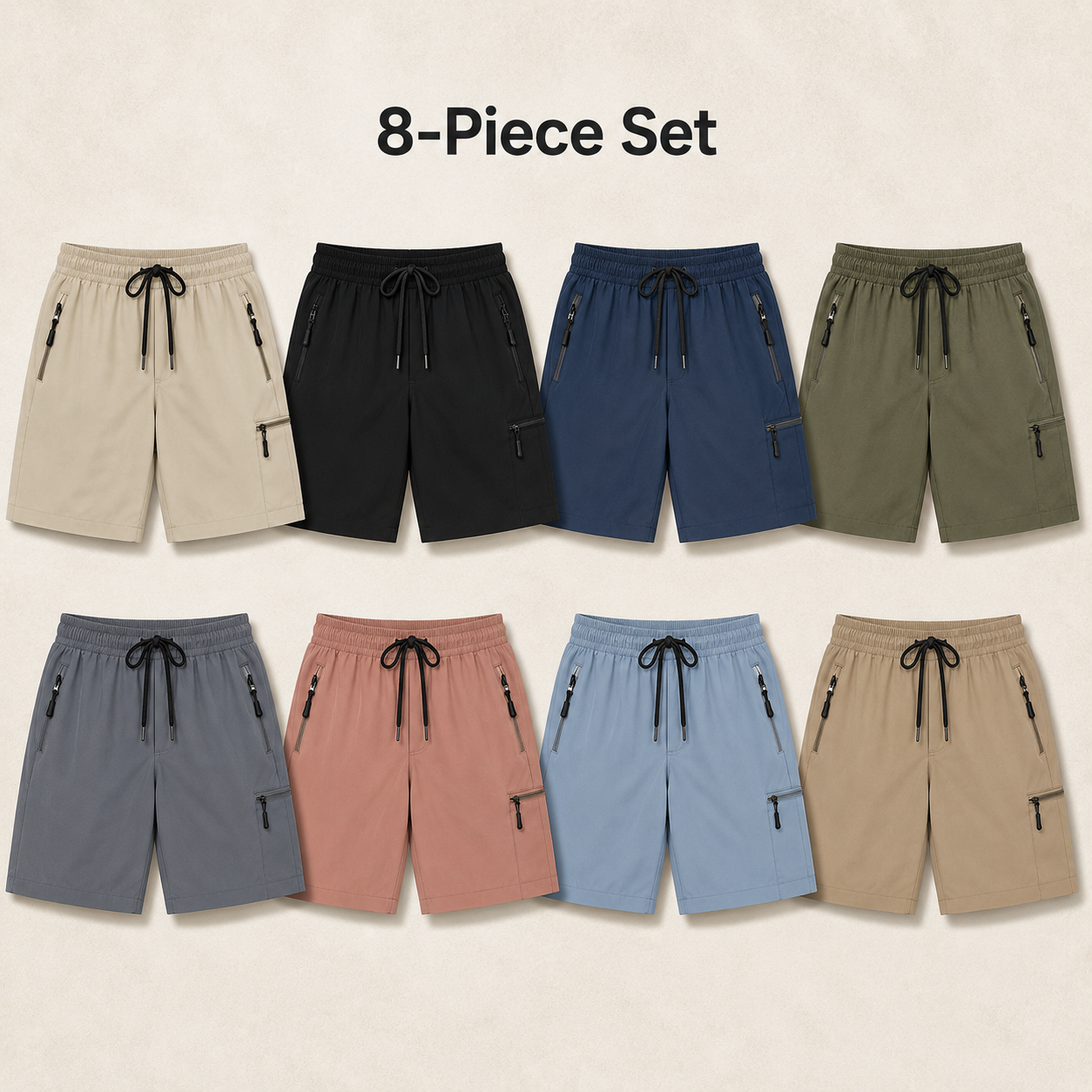 Eight piece set of lightweight drawstring cargo shorts in assorted colors