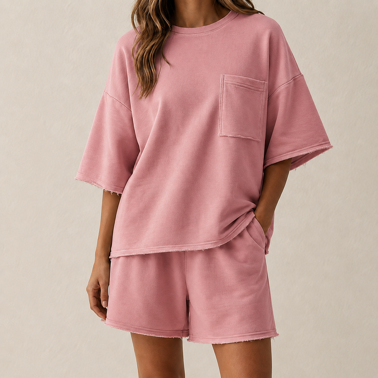 Dusty Rose oversized short sleeve lounge set model image