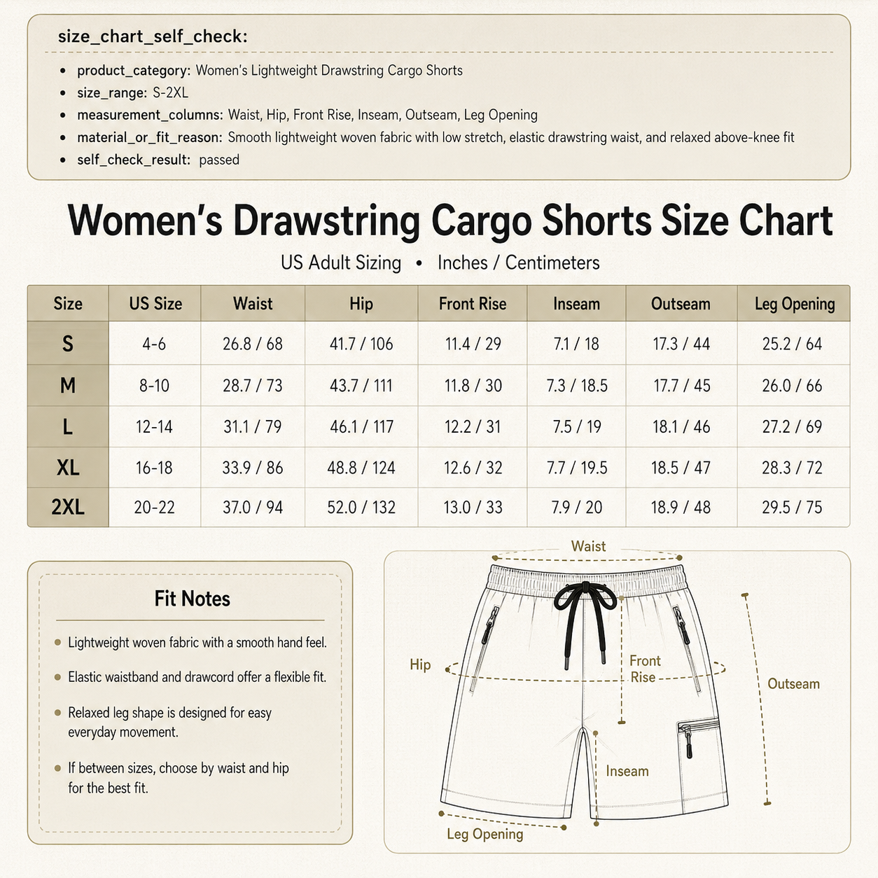 Size chart for lightweight drawstring cargo shorts