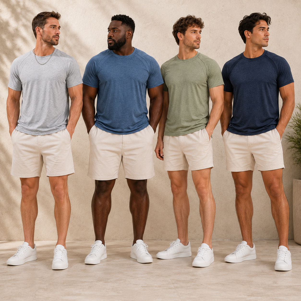 Four adult men wearing raglan athletic tees in mixed colors