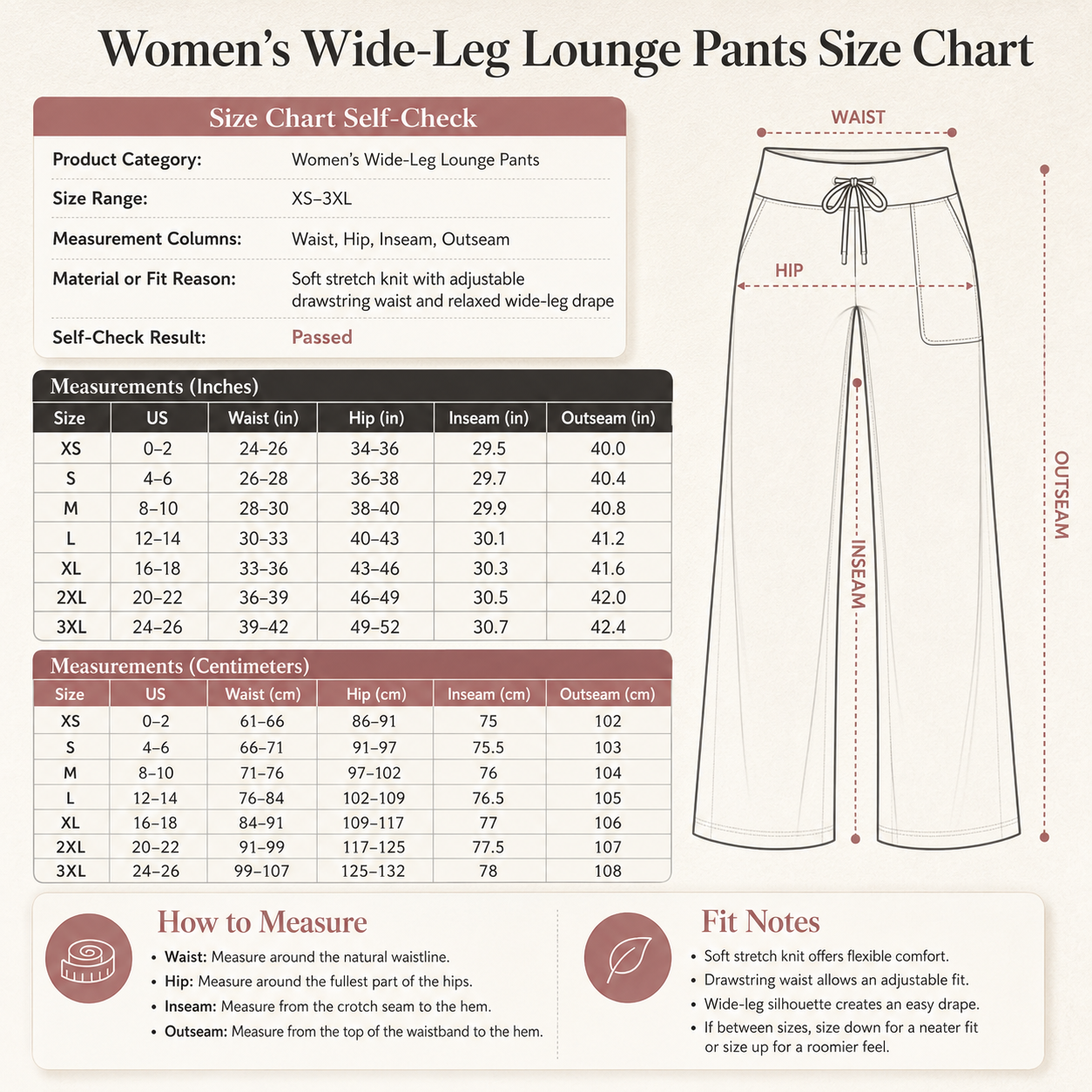 Women wide leg lounge pants size chart
