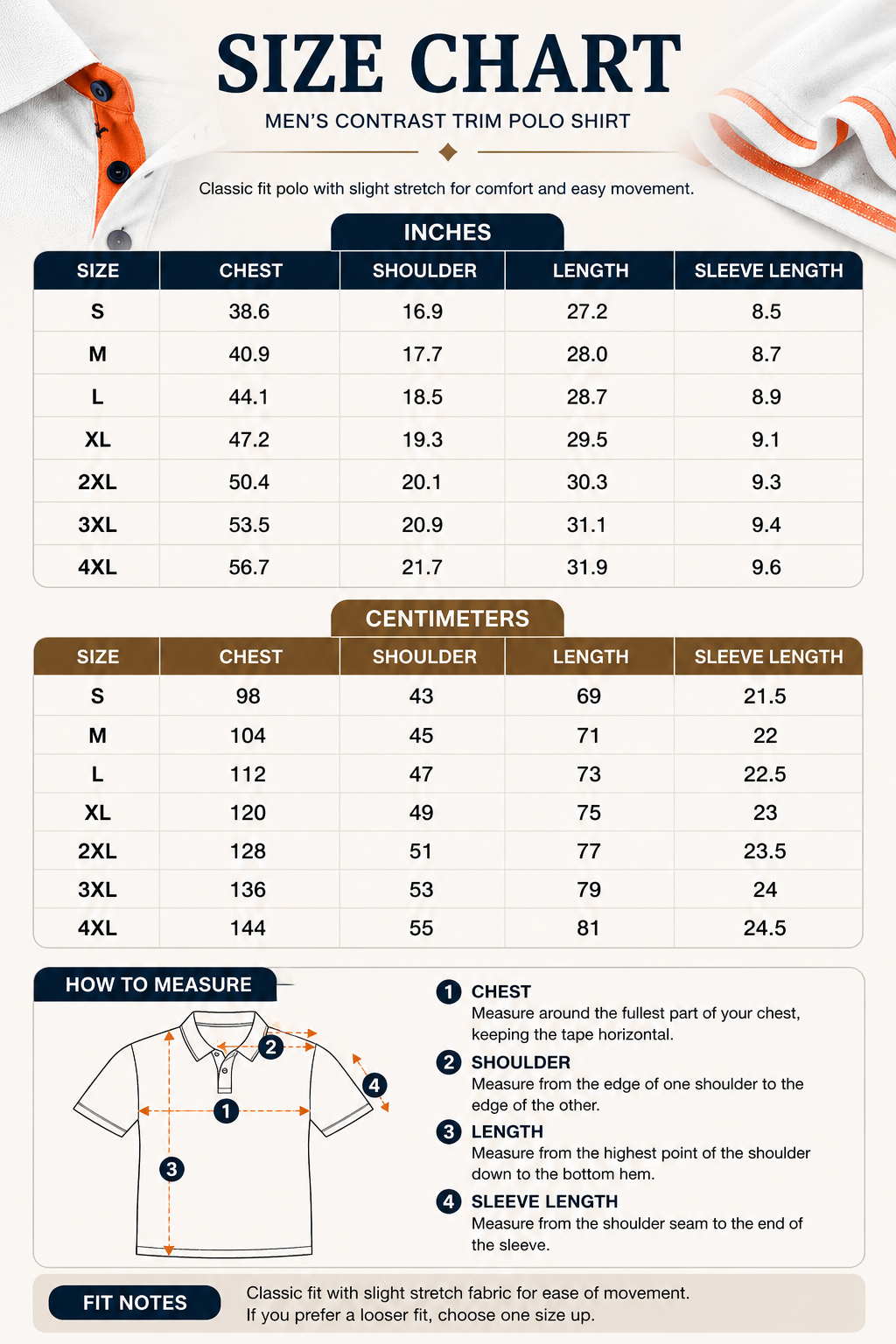 Men's contrast trim polo shirt size chart image
