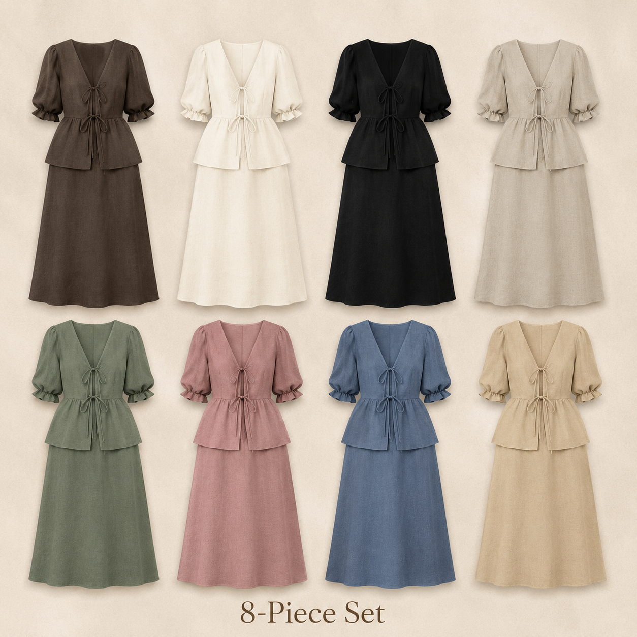 Eight piece set of tie front puff sleeve top and maxi skirt in assorted colors