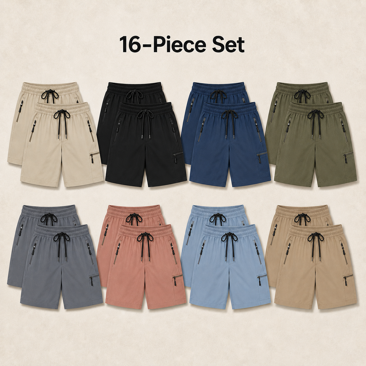 Sixteen piece set of lightweight drawstring cargo shorts in assorted colors