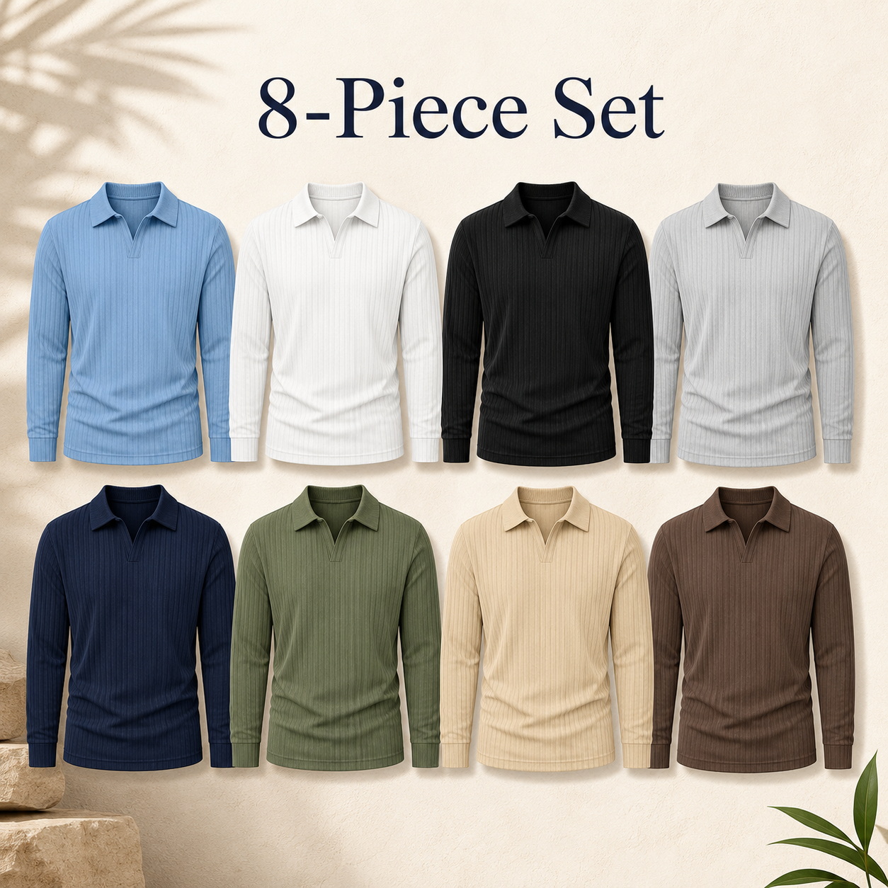 Mixed 8-piece set of men's ribbed polo shirts