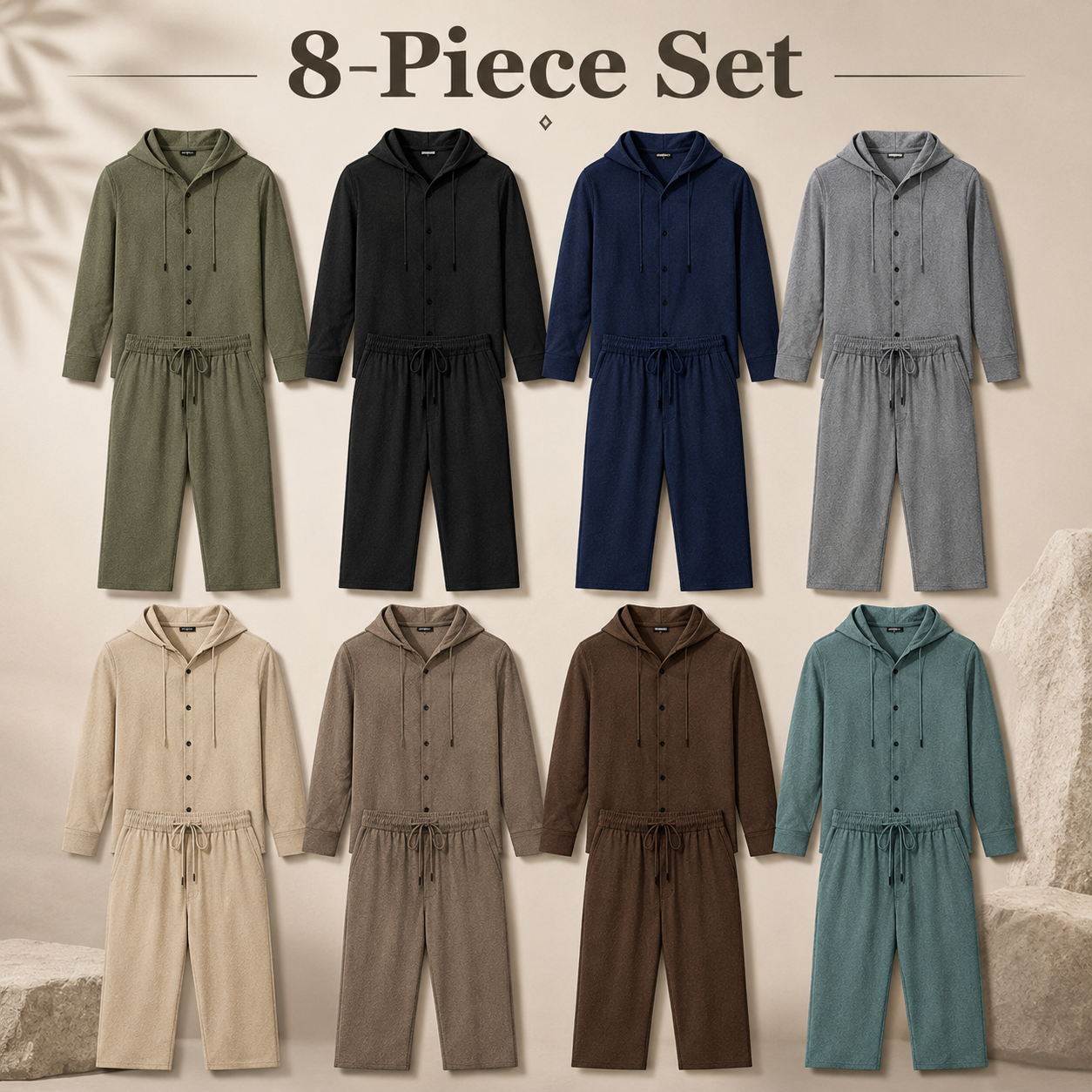 Men's textured hooded button two piece mixed 8 pack set