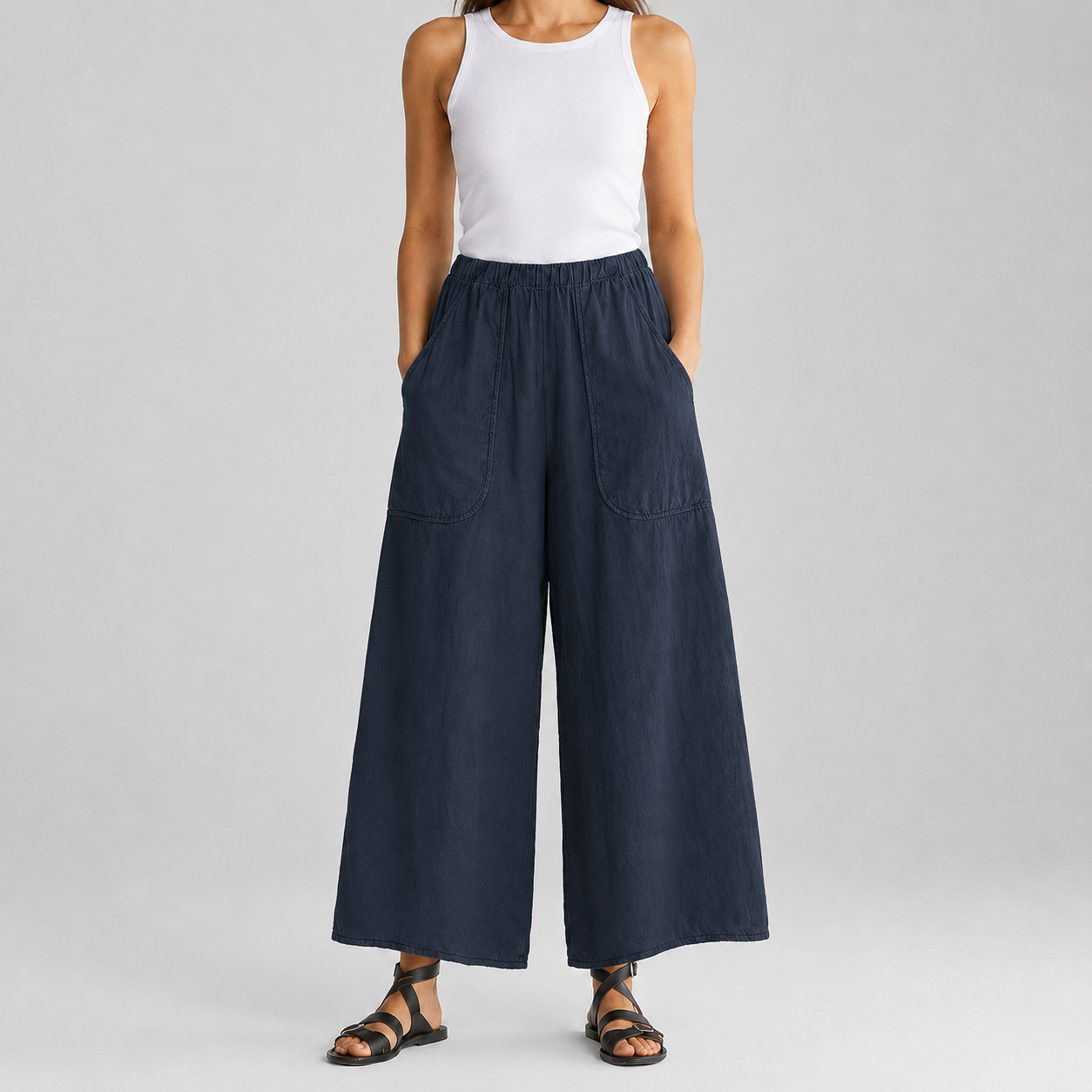 Deep navy women's wide-leg pull-on pants