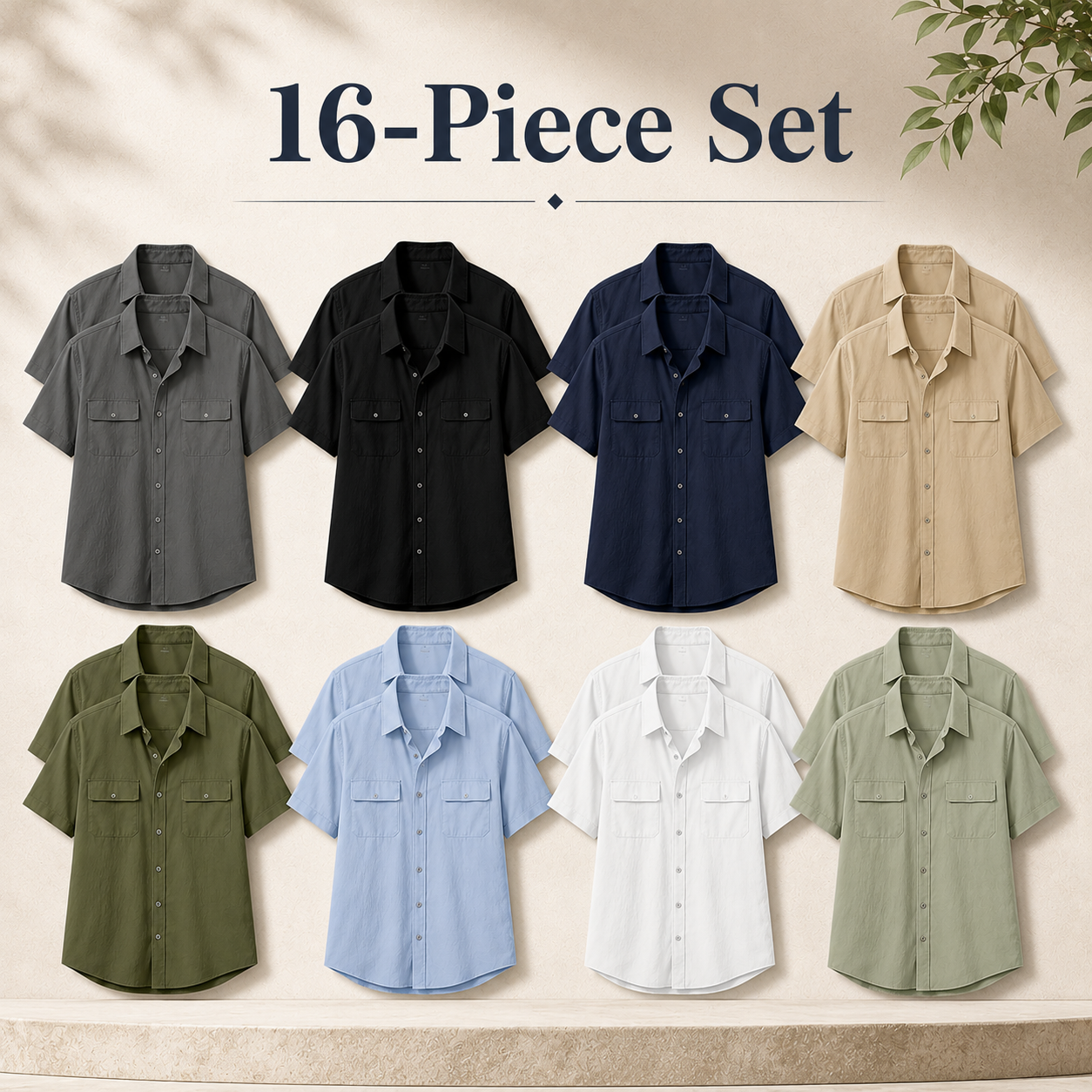 Mixed 16-piece set of men's short sleeve utility button-up shirts