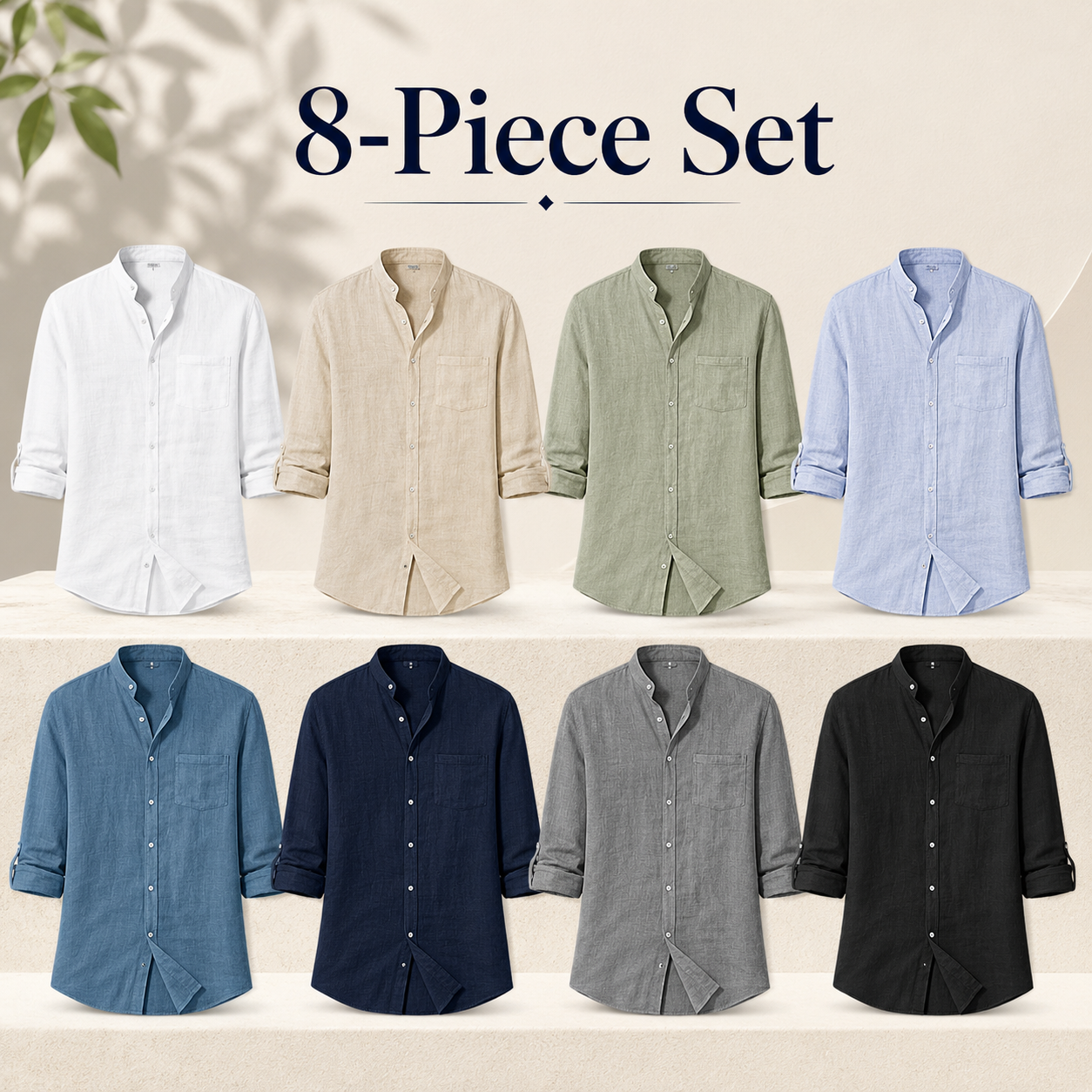 Men's lightweight woven mandarin collar shirt mixed 8-pack