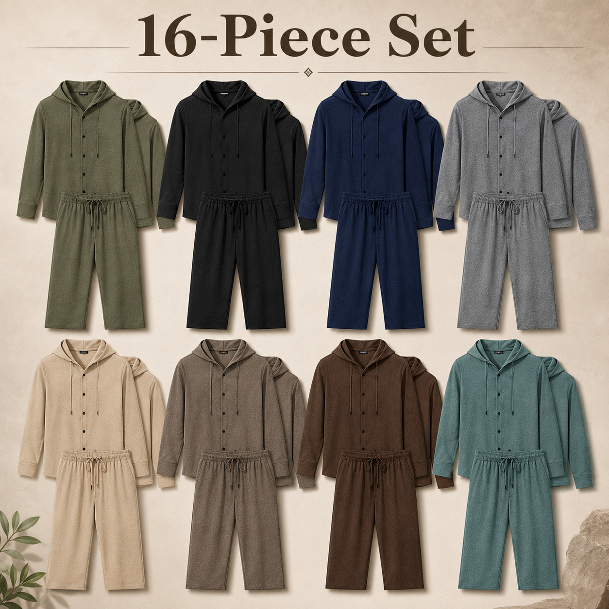 Men's textured hooded button two piece mixed 16 pack set